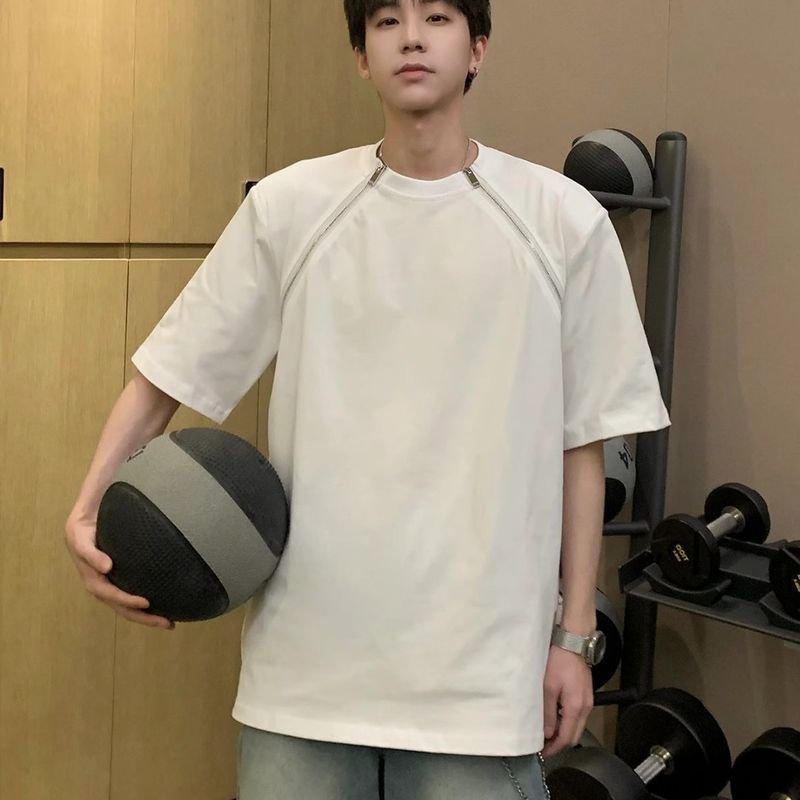 Retro Double Zipper Shoulder Pad Design Short Sleeved Men's Casual Versatile Round Neck T-shirt Top_voghion.com