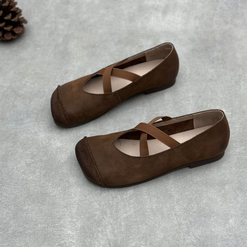 Artistic Forest Style Genuine Women's 2025 Spring Summer Handmade Square Toe Flat Cross Strap Mary Jane Soft Leather_voghion.com