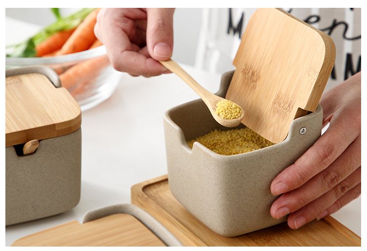 Kreatives, einfaches Gewürzdosen-Set aus Keramik im japanischen Stil mit Bambusdeckel zur gesundheitsschonenden Aufbewahrung, 3-teiliges Zucker-/Salzdosen-Set_voghion.com