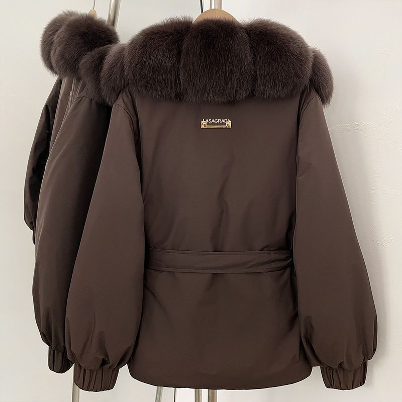 Piumino da donna con collo in pelliccia di volpe di alta qualità – Cappotto invernale di media lunghezza e vestibilità ampia (cachi, nero, bianco sporco, marrone, dalla S alla XXL)_voghion.com