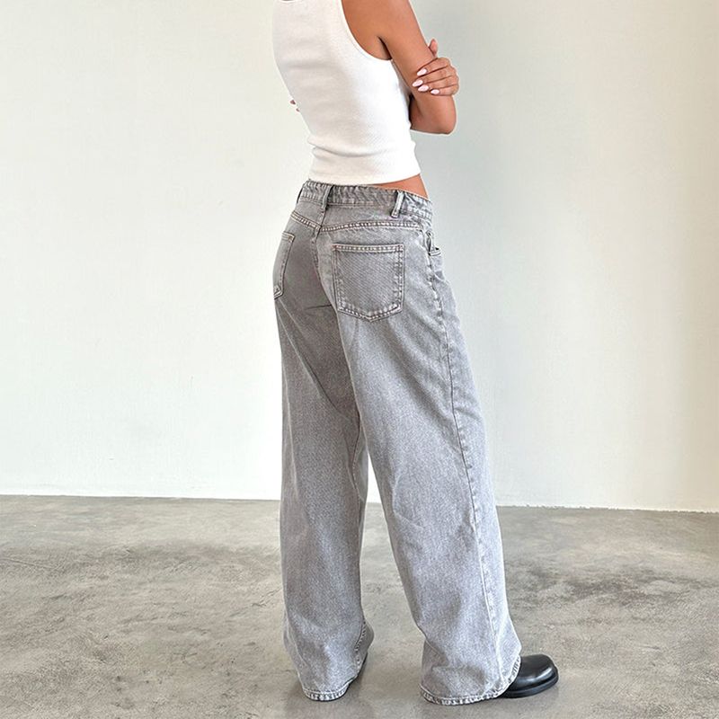 Sieviešu apģērbi ar zemu vidukli neelastīgi mazgāti taisni džinsi sievietēm rudens jaunas ielas platas džinsa bikses sievietēm_voghion.com