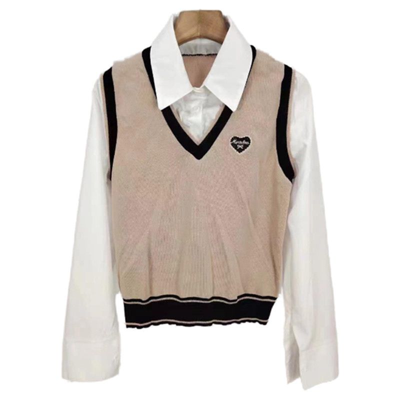 Autumn and Winter 2024 New Korean Academy Style Polo Collar Shirt Splicing Two Piece Vest Long Sleeve Top for Women_voghion.com