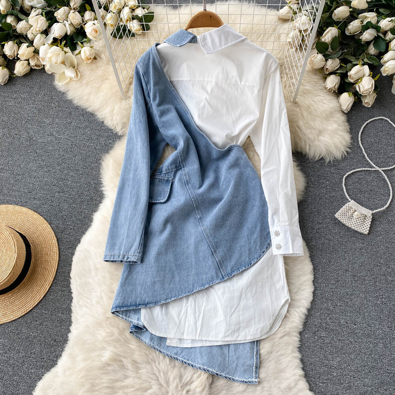 Camicia a maniche lunghe irregolare alla moda da donna, stile cowboy, abito da strada fritto_voghion.com