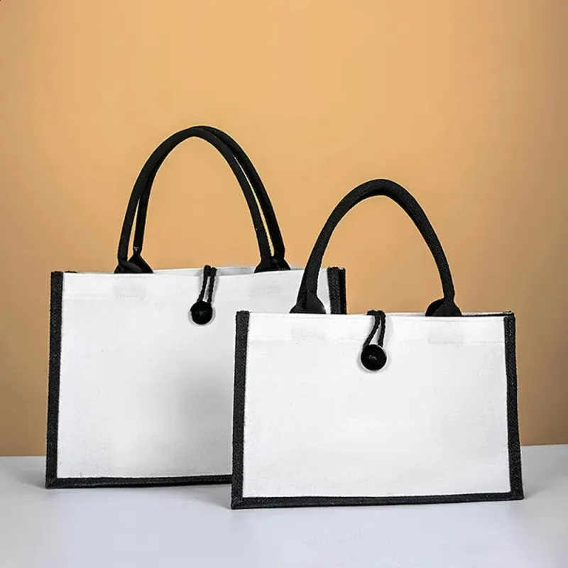 Black/White Large Capacity Canvas Handbag Burlap Shopping Bag Foldable Travel Storage Organizer Eco-Friendly Grocery_voghion.com