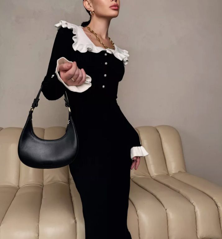 Französisch inspiriertes Strickkleid mit gerüschtem Ausschnitt – Damen-Midikleid aus Viskose mit hoher Taille für Herbst und Winter (S-XL, Langarm-Knopfdetail,_voghion.com