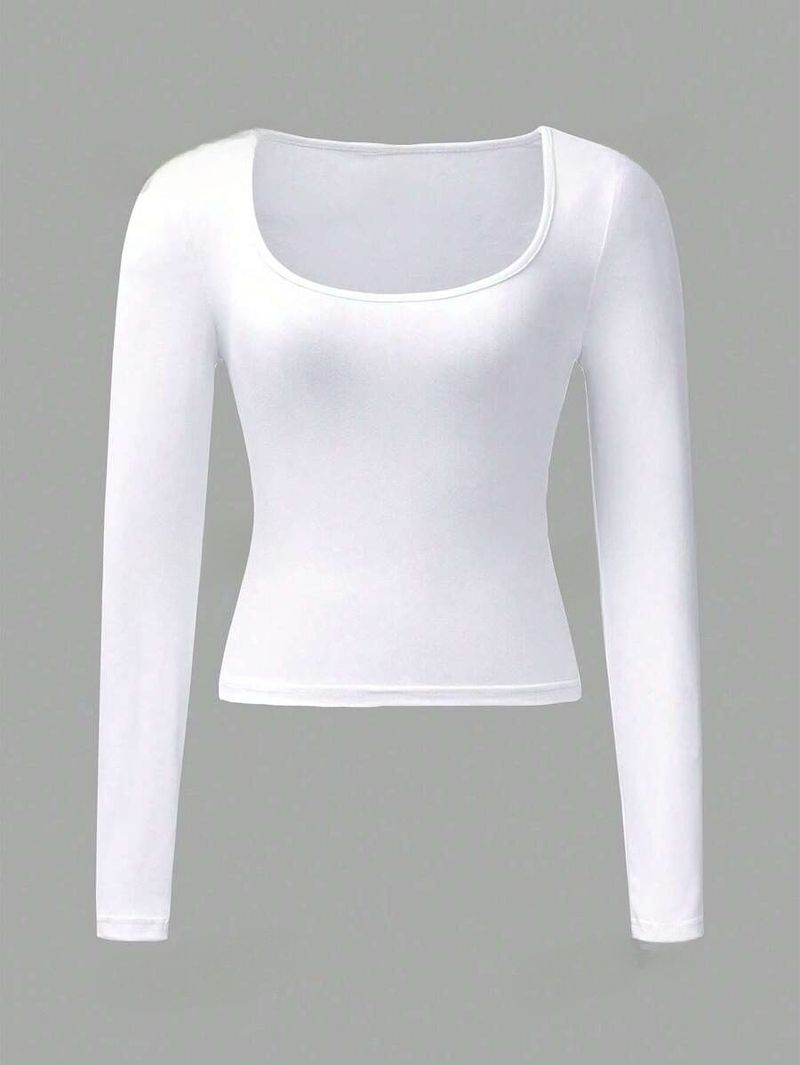 Women's Clothing Slim Fit Solid Color U Neck Long Sleeved Top_voghion.com