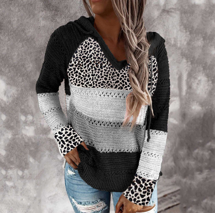 Roupas femininas New Wish Outono e Inverno Listrado Com Capuz Suéter Estampa Leopardo_voghion.com