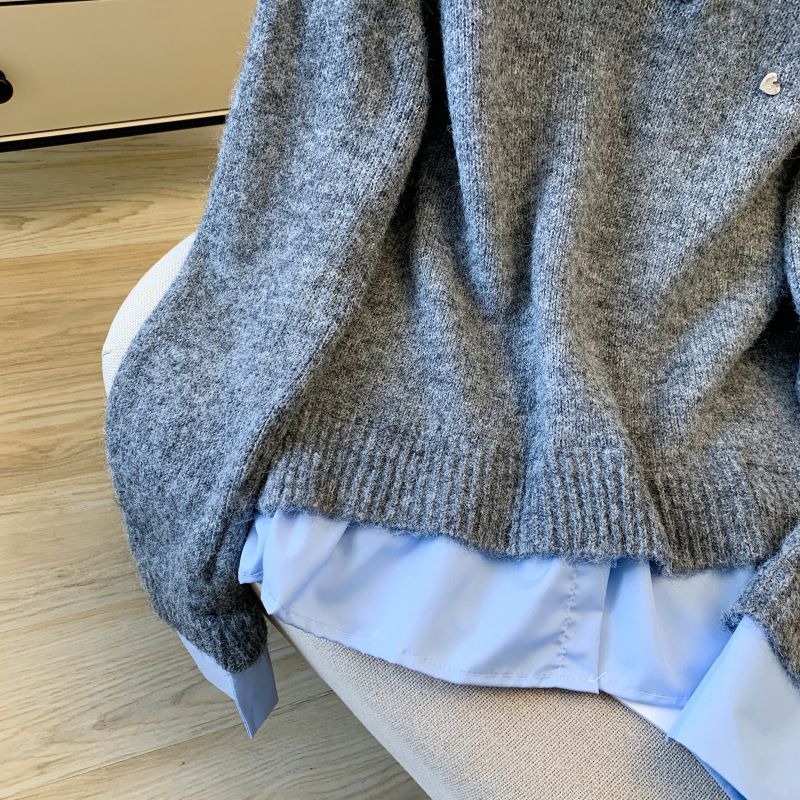Abbigliamento da donna in stile coreano, camicia a strati e top in maglia, outfit autunnale da donna - grigio, bianco e blu_voghion.com