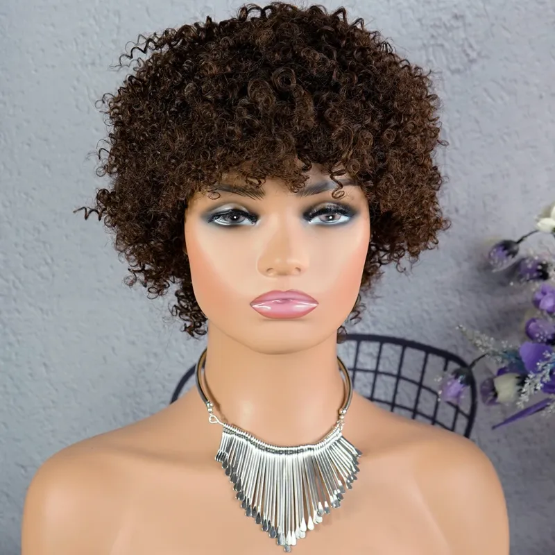 Peluca de cabello humano rizado afro corto para mujer, densidad del 180 %, peluca Pixie Curl sin pegamento_voghion.com