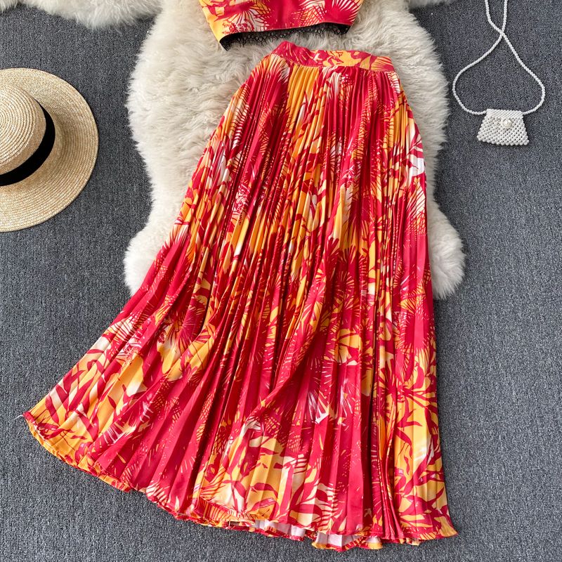 Naisterõivad pühade stiilis ülikonna disainiga pitsist topp, lühike topp, kõrge vöökohaga volditud seelik, trendikas_voghion.com