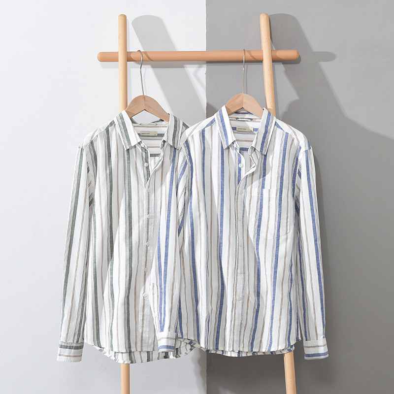 1993 camicia di lino da uomo nuova autunno 1993 camicia di lino di cotone a maniche lunghe con collo quadrato a righe letterarie giovanili_voghion.com