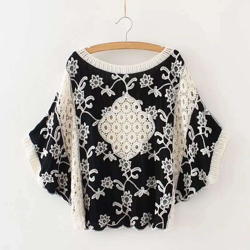 Dames Nieuwe Stijl Retro Holle Kanten Shirt Vrouwelijke Losse Zonbescherming Kleding Dames Katoenen Tops Dames_voghion.com