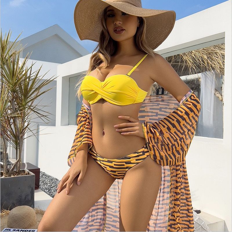 Maillot de bain trois pièces en maille pour femme, vêtements de protection solaire torsadés à impression numérique pour femme_voghion.com