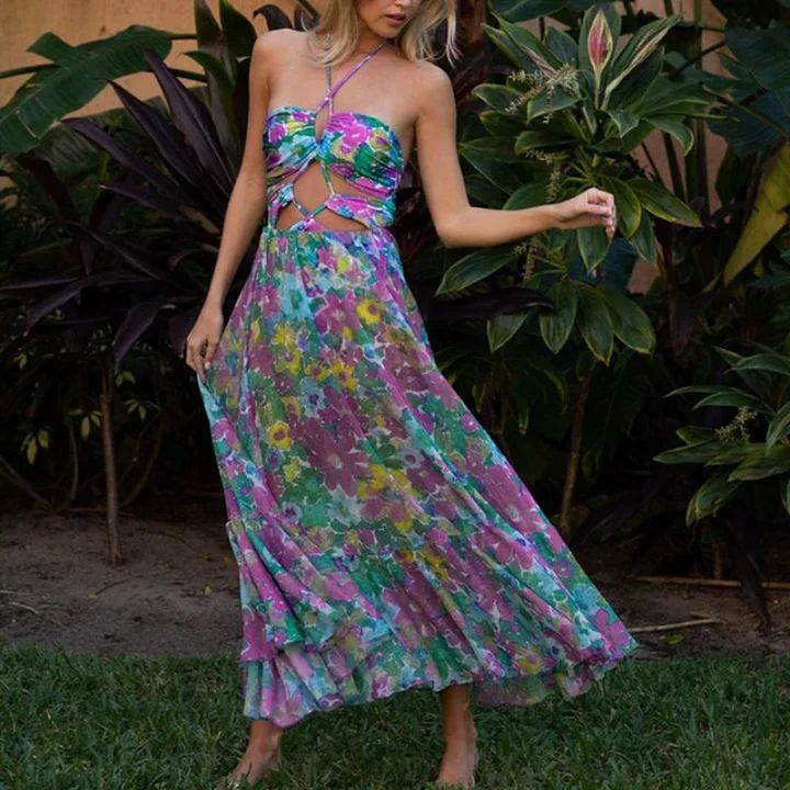 Maillot de bain une pièce pour femme, ensemble maillot de bain une pièce à imprimé ajouré, col licou et jupe parapluie_voghion.com