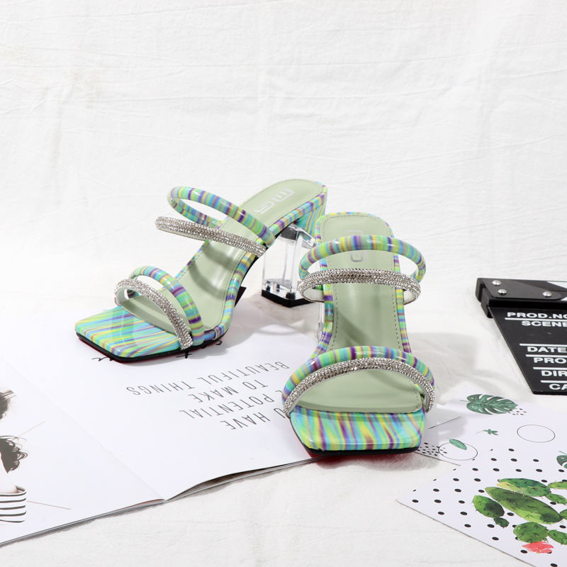 Large size sandals with a straight line rhinestone hollow heel and transparent thick for women's slippers 2024 new_voghion.com