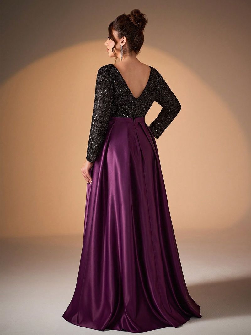 Elegante vestido de noche de satén negro con lentejuelas, escote en V y mangas largas para mujer: perfecto para fiestas, galas y ocasiones especiales._voghion.com