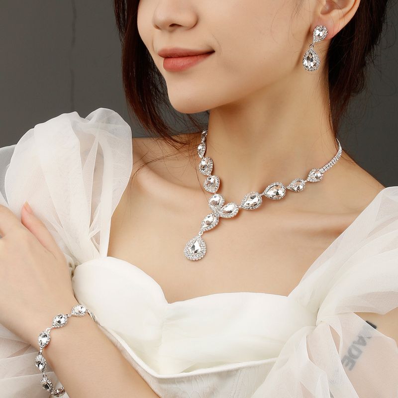 Crystal Rhinestone Bridal Jewelry Set - Necklace, Earrings & Bracelet (3-Piece, High-End Wedding Collection)_voghion.com