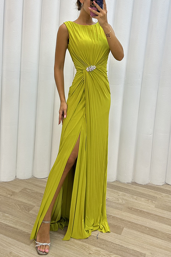 Damenbekleidung neuer Stil Plissee Schlitz Freizeitkleid INS ärmelloses Modekleid Abendkleid für Damen_voghion.com