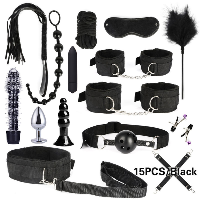 Bondage 13/15/17/26 pezzi Kit di contenimento BDSM Vibratore a proiettile Manette Frusta Bavaglio per bocca Pallina anale Plug anale Adulto_voghion.com