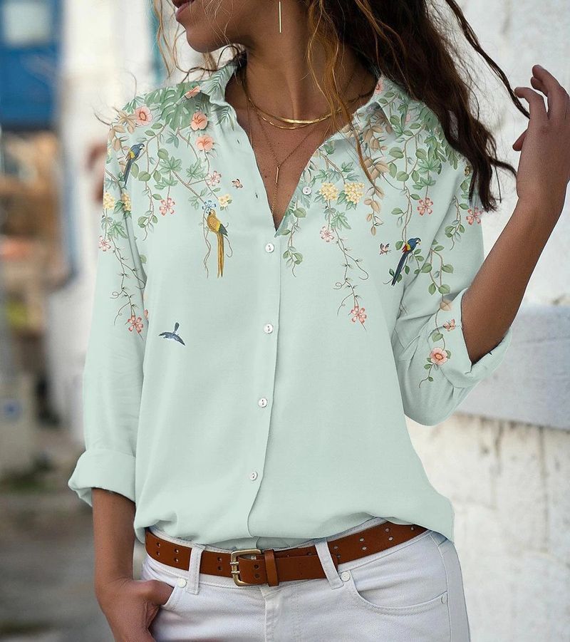 Camicia da donna monopetto a maniche lunghe con risvolto largo, stampata da donna_voghion.com