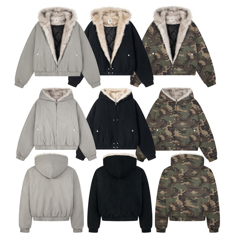 Winter Thickened Short Jacket With Camouflage Design, Pockets, Canvas Workwear, Fur Collar, Hooded Cotton Coat For Men_voghion.com