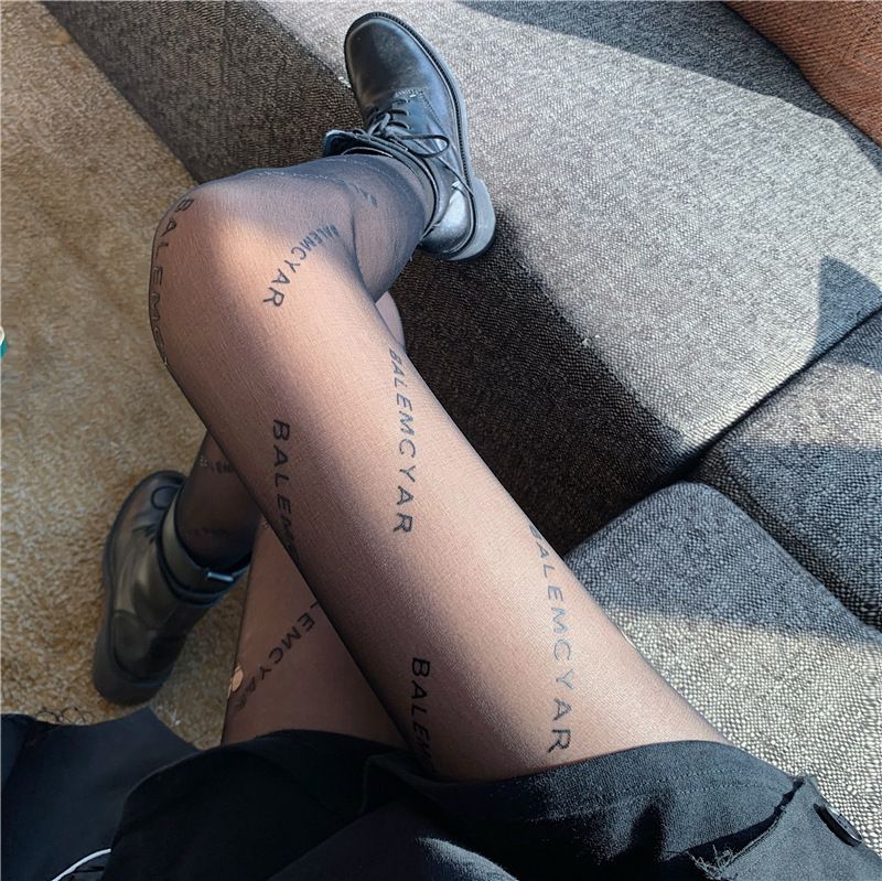 Letter Black Stockings For Women In Spring And Autumn 2022, New Popular Thin Socks, Lace Trendy Ins Jumpsuit Pantyhose_voghion.com