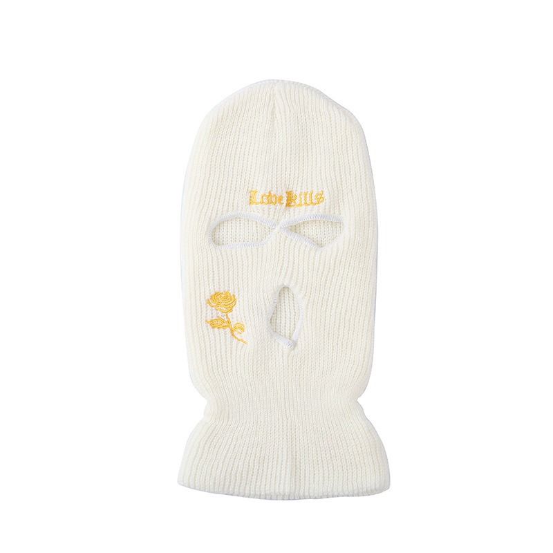 Cappello lavorato a maglia a tre fori per autunno e inverno con ricamo di rose - Cappello caldo per l'inverno e l'autunno per sci, ciclismo e attività all'aperto_voghion.com