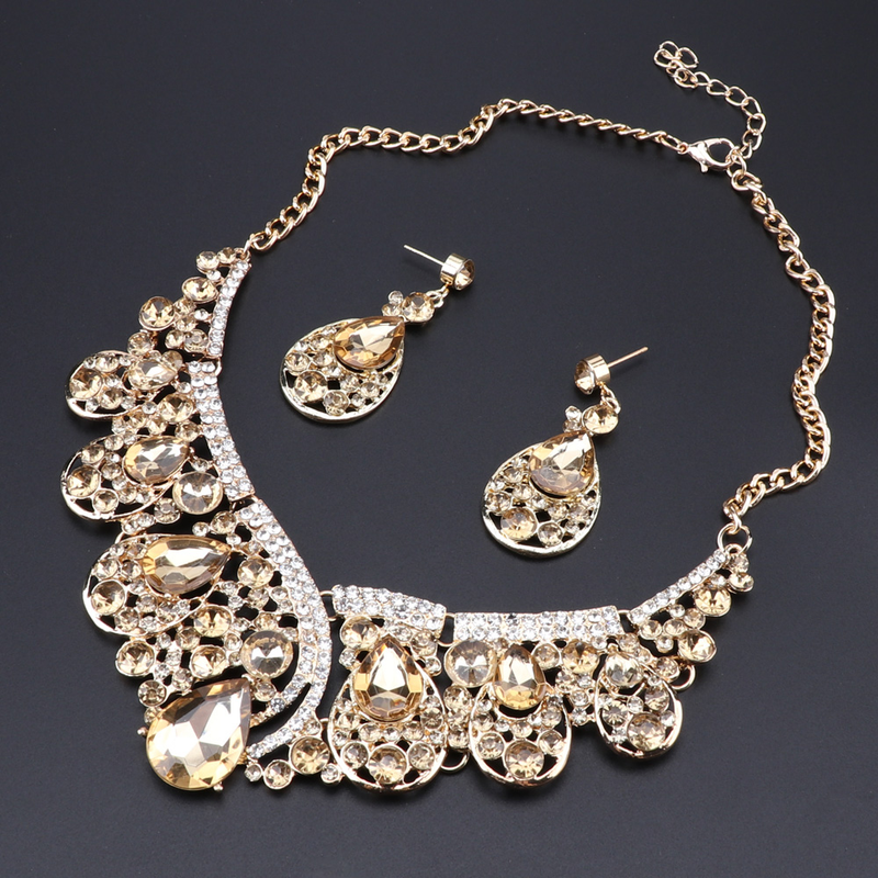 Modischer Kristall Choker Statement Halskette Ohrring Kragen Boho Schmuckset Hochzeitsgeschenk Frauen Bräute Abschlussball Party_voghion.com