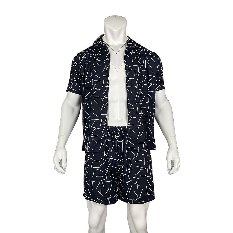2024 Men's Hawaiian Beach Style with Leaf Printed Shorts, Short Sleeves, Cuban Collar Shirt, Two Piece Set_voghion.com