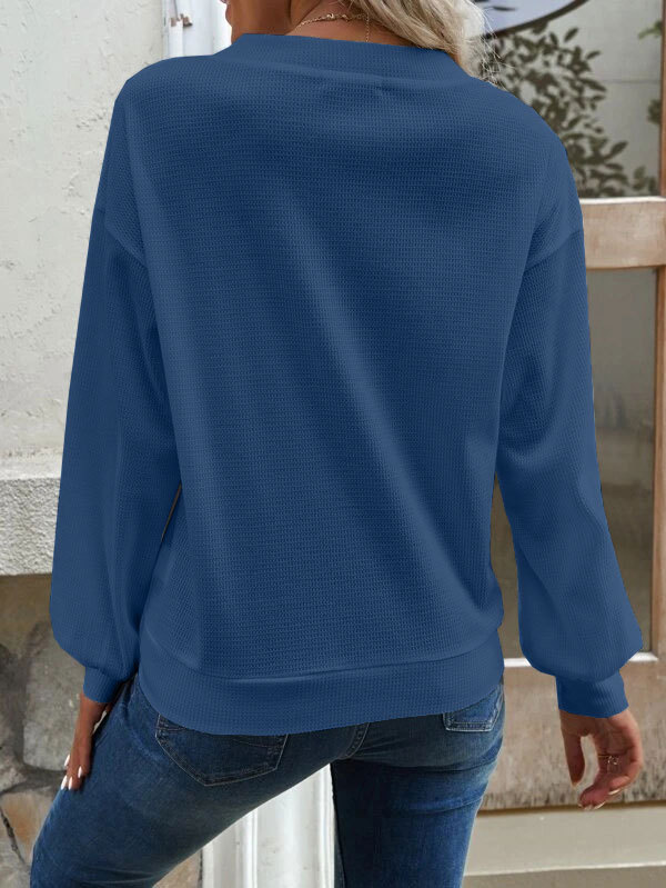 Women's solid color button-down V-neck loose long-sleeved T-shirt_voghion.com