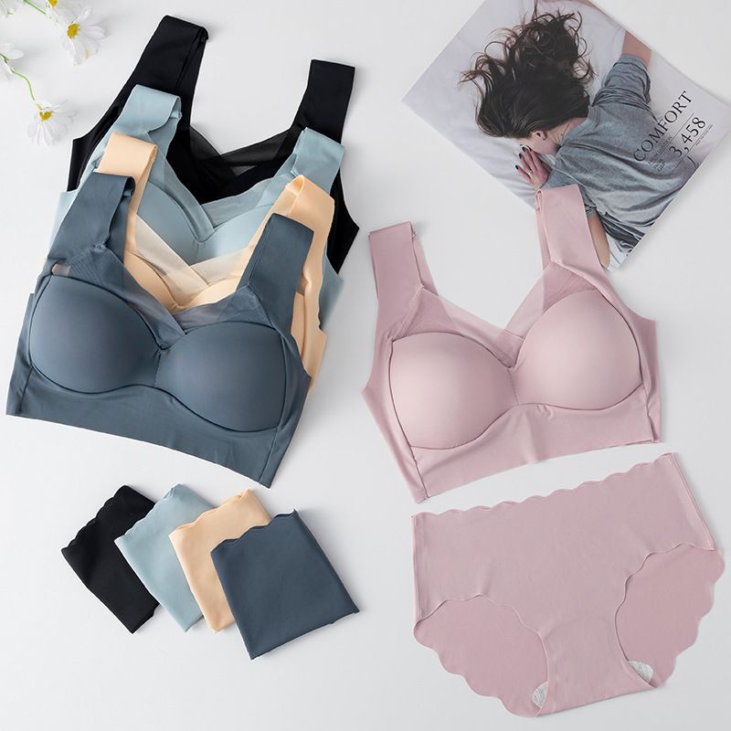 Ensemble soutien-gorge une pièce grande taille à bonnets fixes en soie glacée, dos fin et sans coutures, pour femmes_voghion.com