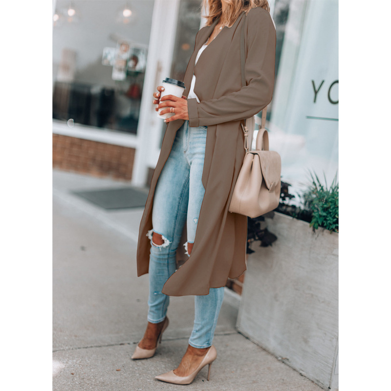 Abbigliamento da donna giacca a vento casual lunga autunno e inverno con risvolto tinta unita_voghion.com