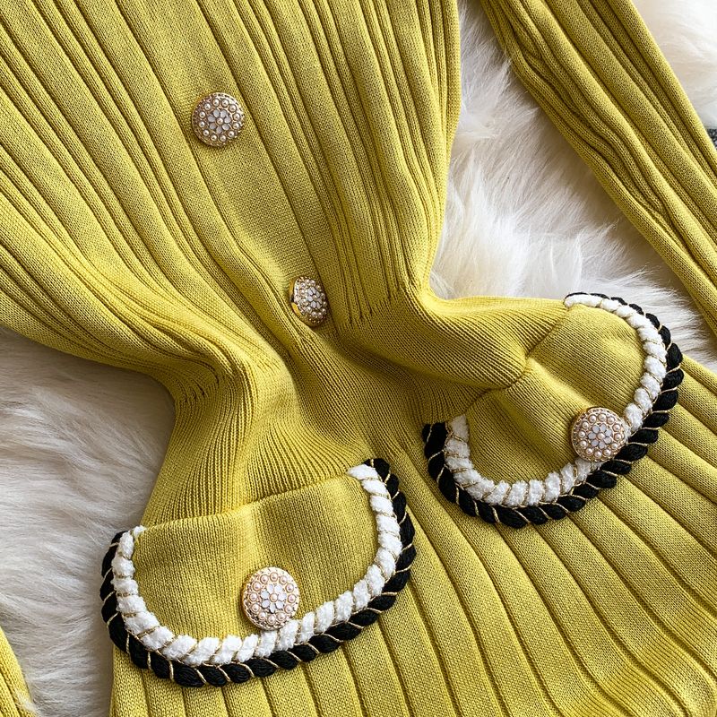 Elegant Knit Fishtail Dress – Doll Collar, Elastic Waist, Long Sleeve (Black/Brown/White/Camel/Yellow, One Size Fits Most)_voghion.com