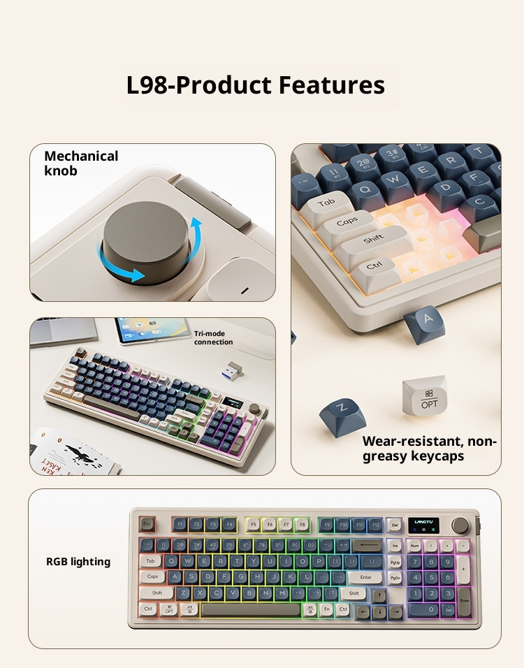 L98 98-Tasten-Kompakt-Kabellose Mechanische Tastatur Mit RGB-Hintergrundbeleuchtung, Knöpfen Und Display | 2,4G Bluetooth Typ-C Triple-Mode-Tastatur Für PC Und Mac_voghion.com