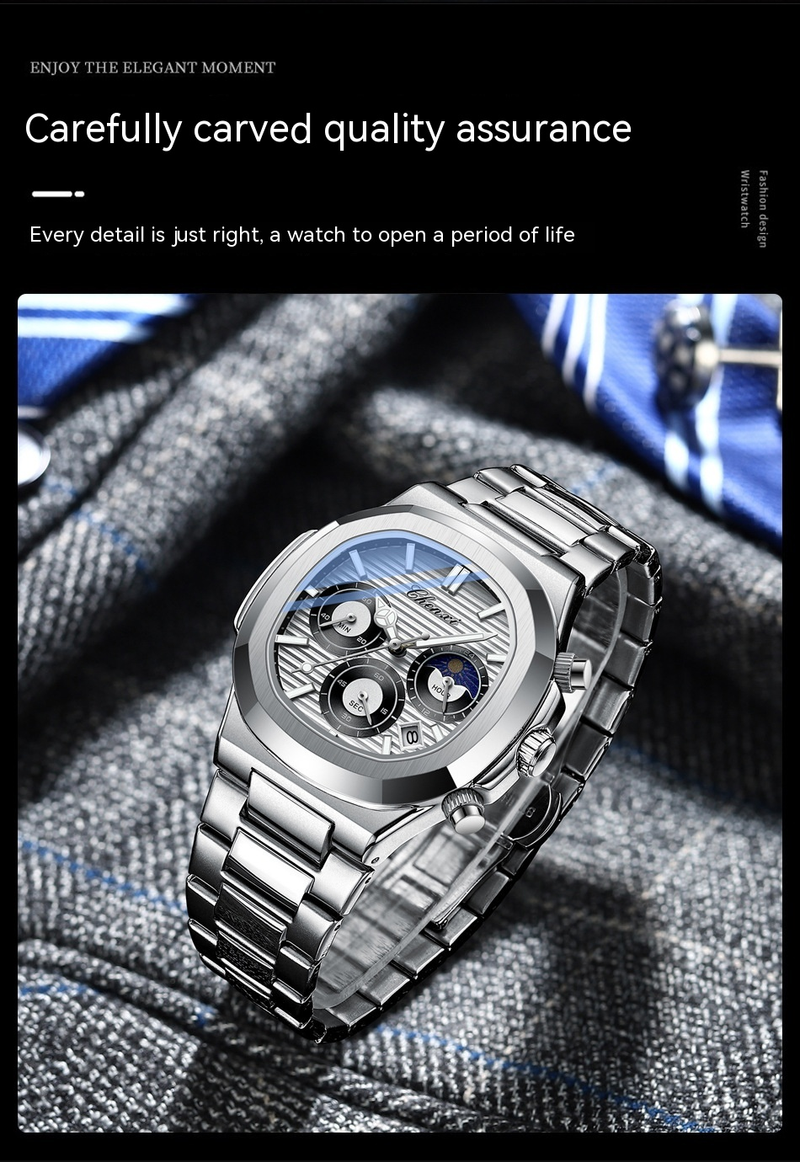 2023 Neue, heiß verkaufte Uhr Dawn, multifunktionale, echte drei Augen, sechs Nadeln, Herrenuhr, Kalender, Mondphasen-Timing, achteckige Quarzuhr_voghion.com