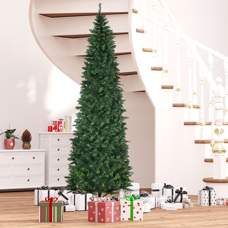 Tall Pencil Artificial Christmas Tree Holiday Décor With Branches, Auto Open, Steel Base, Pine Needles, Green_voghion.com