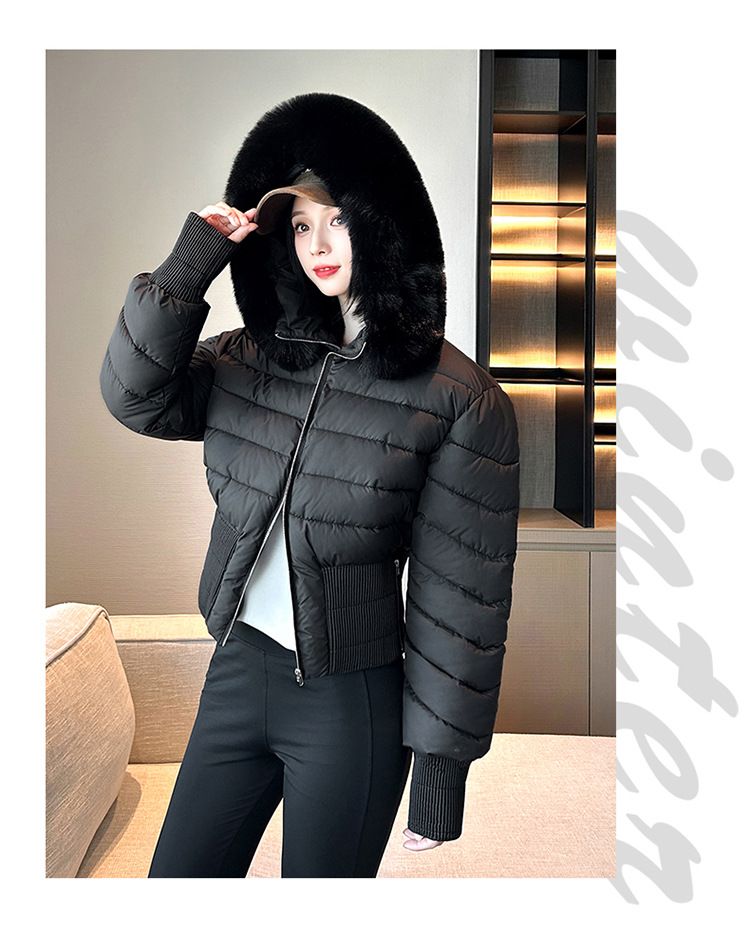Pufferjacke mit Kunstpelzkapuze für Damen, Winterkurzmantel mit abnehmbarem Kragen, Slim Fit, gesteppte Oberbekleidung in Schwarz/Braun/Creme_voghion.com