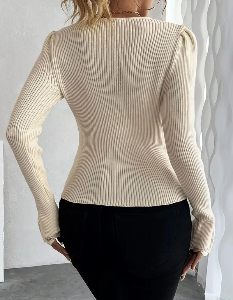 Elegante V-hals gebreide cardigan met kanten rand – Slim Fit korte trui_voghion.com