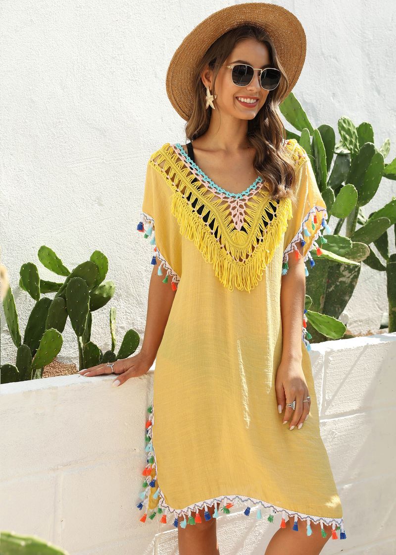 Abito da donna irregolare Patchwork uncinato a mano Frange colorate Sexy aperto sul retro con scollo a V Protezione solare da spiaggia Cover Up Camicia Cover-up_voghion.com
