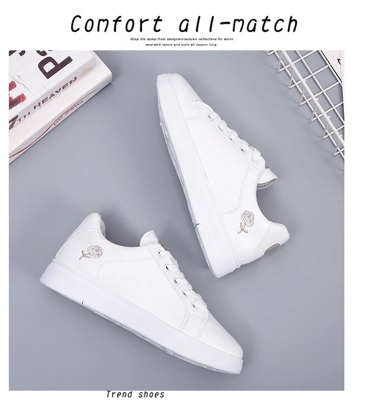 Scarpe da donna casual in pelle PU nuove scarpe da donna primaverili Scarpe da ginnastica da donna stringate con fiori traspiranti bianchi ricamati_voghion.com