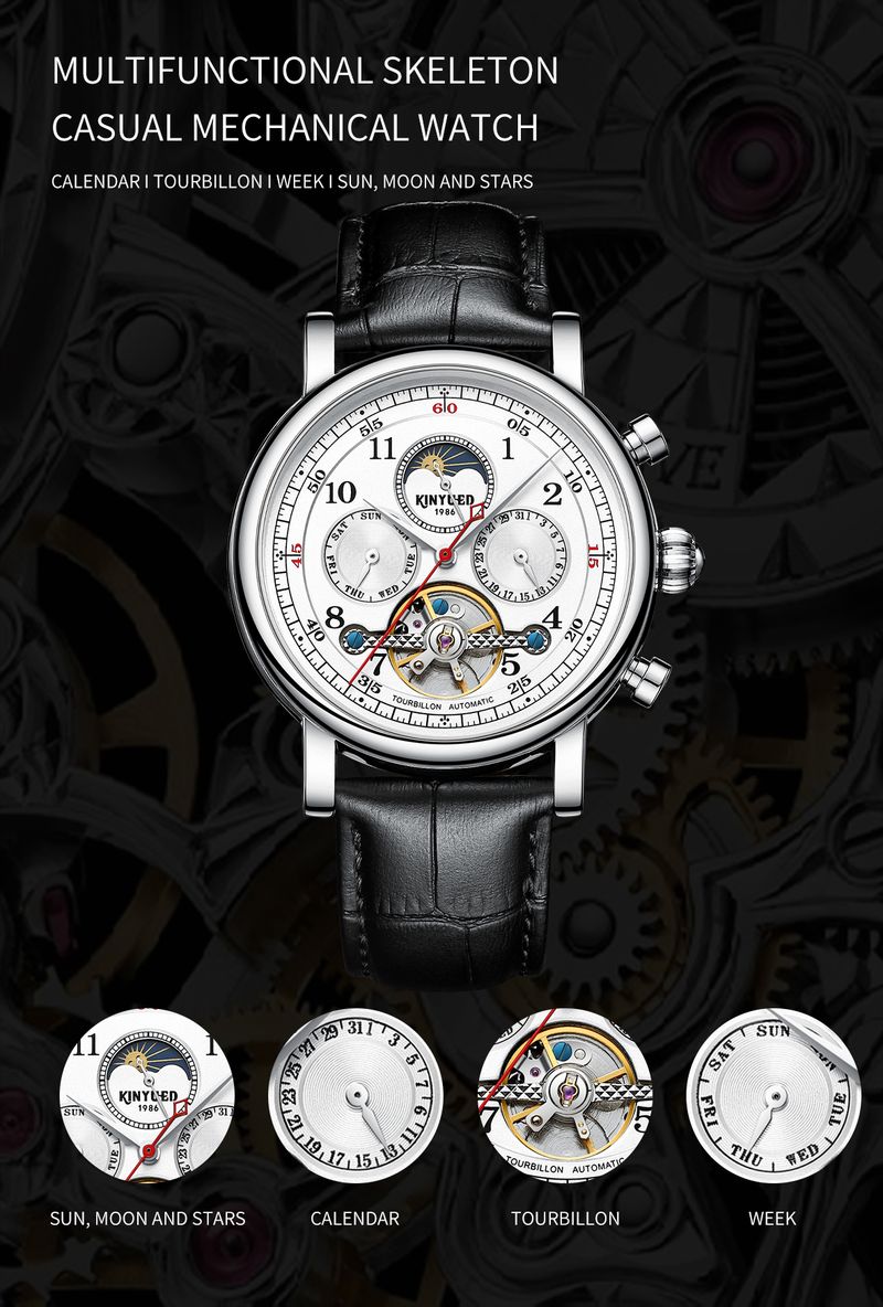 KINYUED Orologi da uomo di lusso, orologio meccanico automatico con fasi lunari, design cavo, cinturino in pelle, orologio da polso da uomo_voghion.com