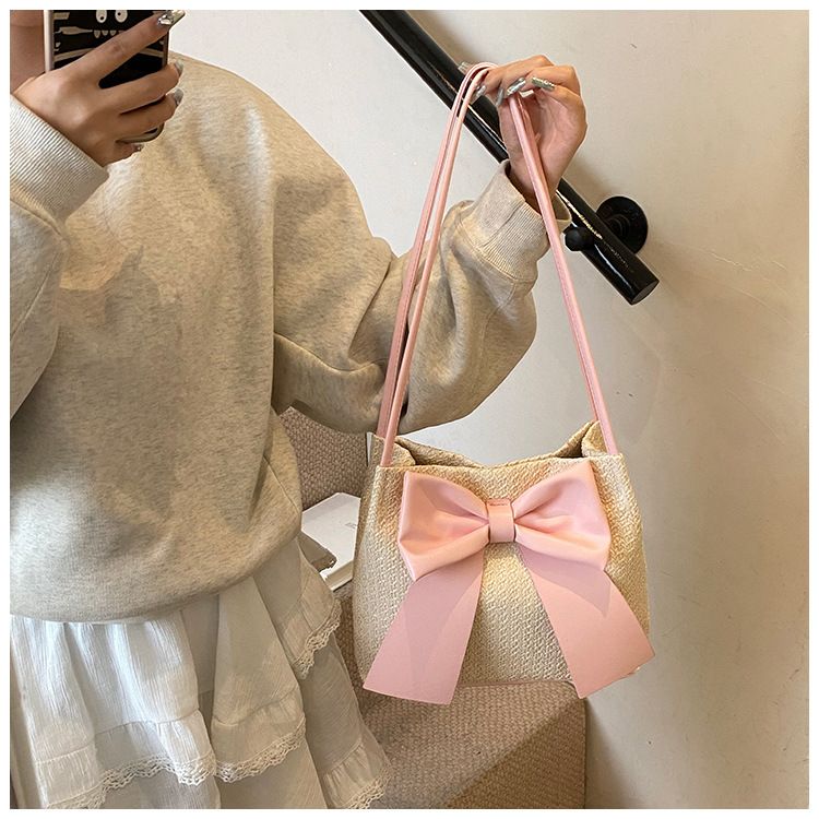Borsa a secchiello con fiocco, semplice e alla moda, in stile coreano, per donna, primavera estate 2025, nuova borsa a mano intrecciata, da ascella, a tracolla_voghion.com