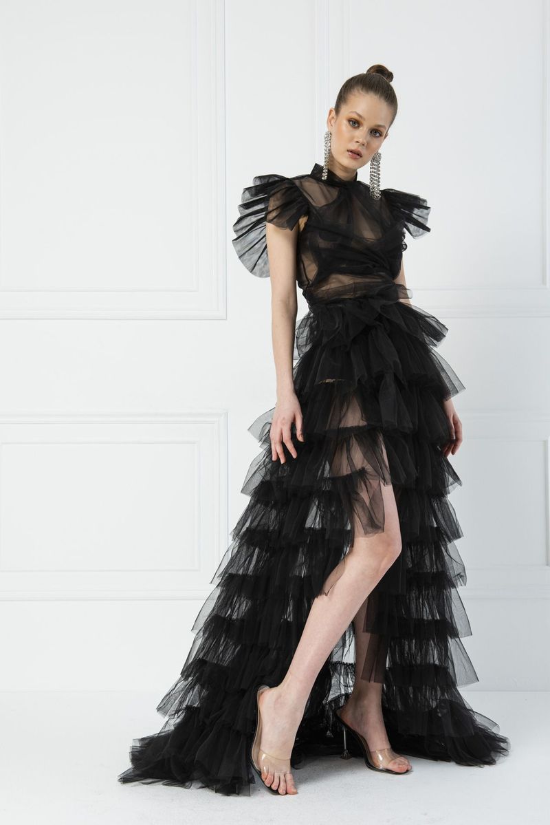Flowy High-Waisted Tiered Skirt – Oversized Ruffle Hem With Soft Tulle & Cotton Blend Elegant Mesh Pleated High Waist Skirt With Large Skirt_voghion.com