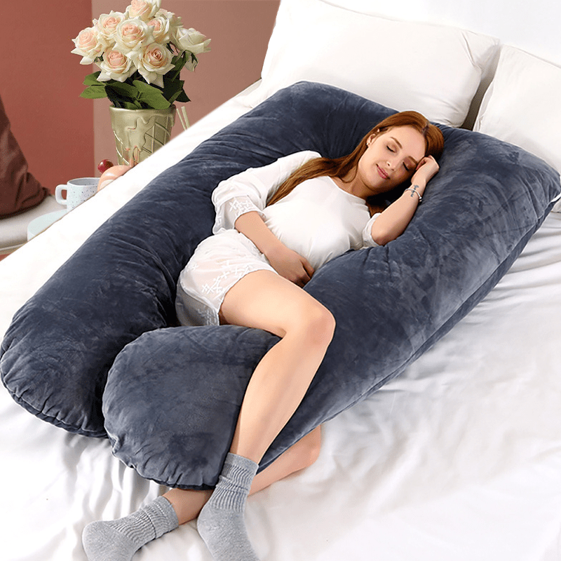 U-Shaped Maternity Pillow With Removable Cover - Full-Body Support For Side Sleeping, Dark Blue Polyester Fiber, Ergonomic Design For Pregnant Women_voghion.com
