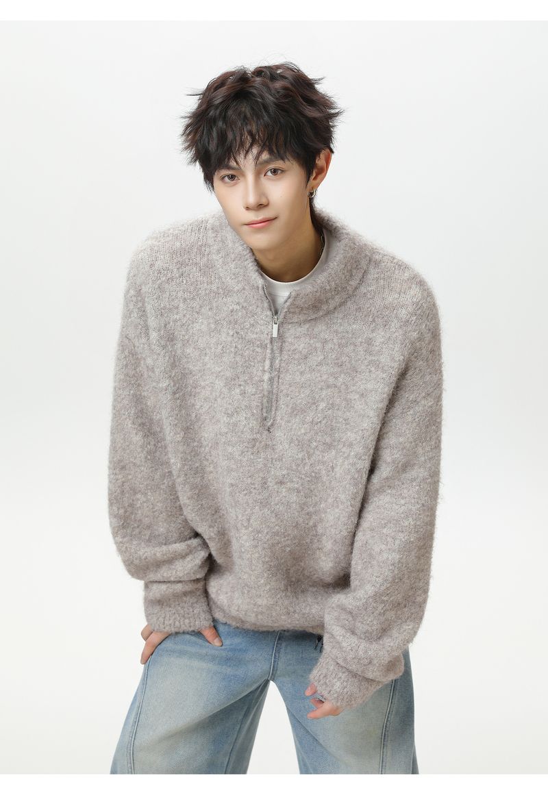 Half Zipper Stand-up Collar Pullover Sweater Men's Autumn And Winter Style Texture Warm Lazy Wind Loose Half Turtleneck Knitted Sweater Jacket_voghion.com