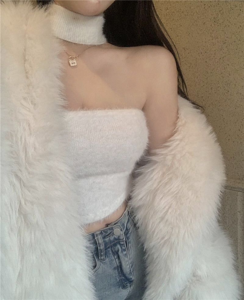 Maglione invernale da donna con bretelline imbottite bianche, interno in pile, top a tubino caldo_voghion.com