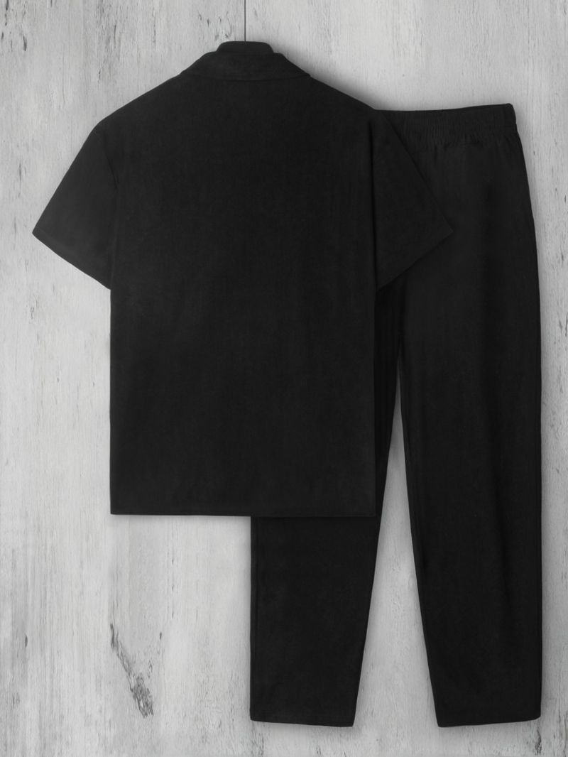 Men's Plus Size Corduroy Short Sleeve Shirt & Pants Set - Summer Casual Outfit With Button Front & Pockets (White, Black, Navy, Beige, Caramel)_voghion.com
