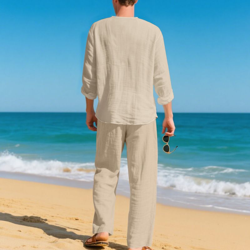 Pantaloni da uomo a maniche lunghe in lino casual americano con scollo a V, modello autunnali e larghi, da spiaggia, da uomo_voghion.com