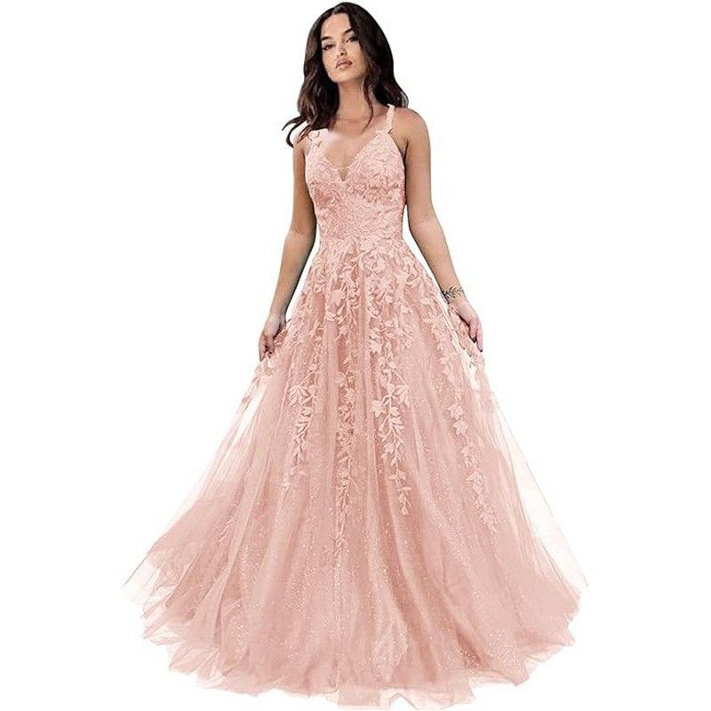 Dammekleeder Glitter Tüll Ballkleed Damme Spitzenapplikatioun Laangt Ballkleed mat Spaghettibänner A-Linn_voghion.com