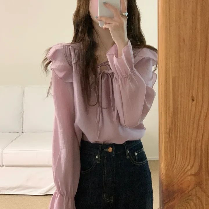 Korean Chic 2024 Spring/Summer New Style Loose Fungal Edge Strap Gentle and Sweet Temperament Purple Top Shirt_voghion.com